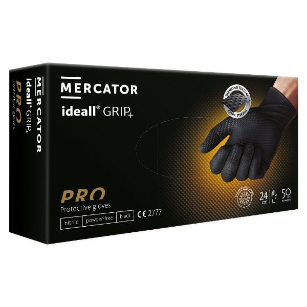 Mercator Black Ideall Grip PF Nitrile Gloves, 1 x 50