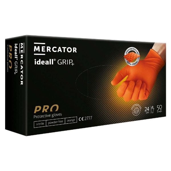 Mercator Ideall Grip Orange PF Nitrile Gloves, 1 x 50, Size M - XXL